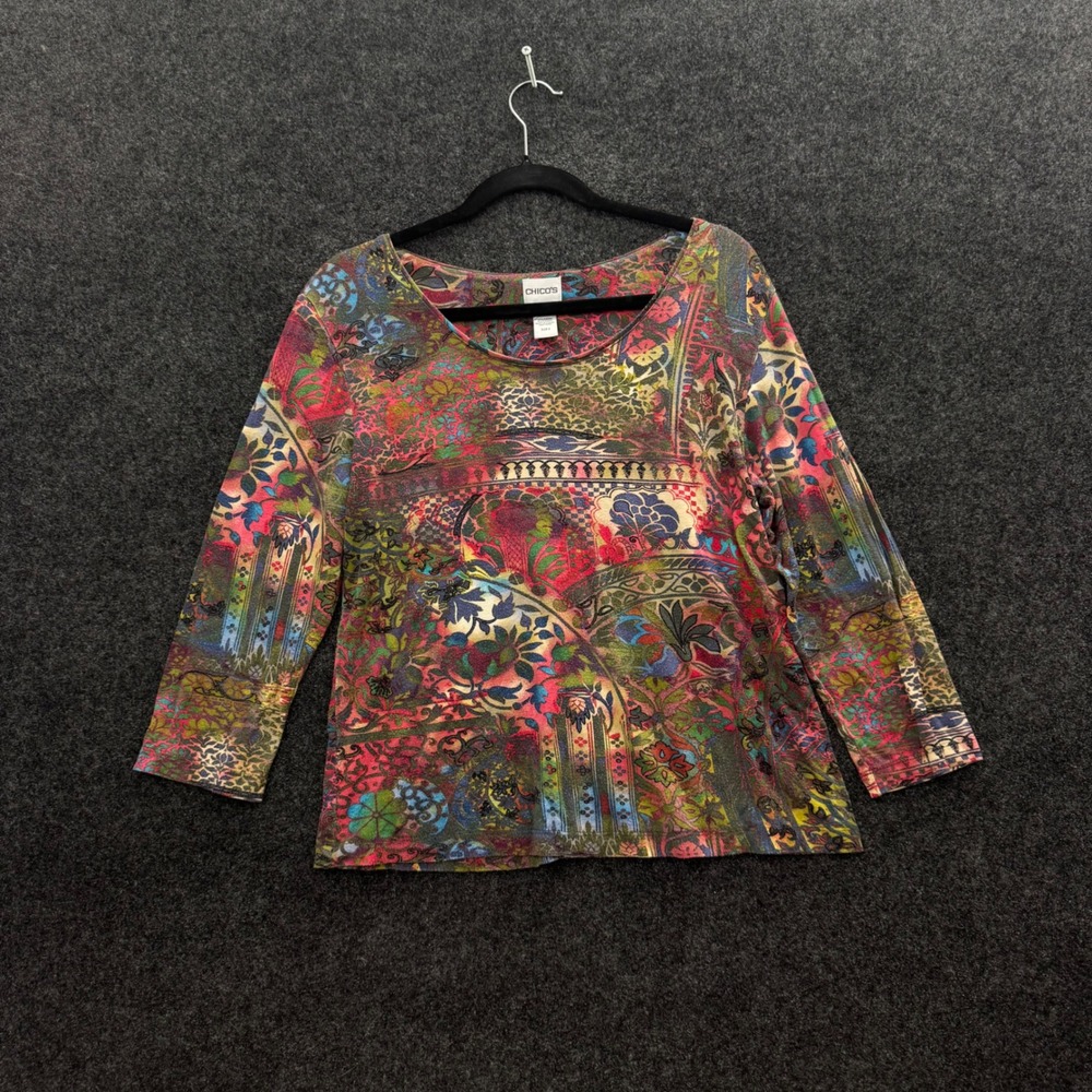 Chicos Vintage Multi Color Paisley Tapestry Print 3/4 Sleeve Top Size 2 Large